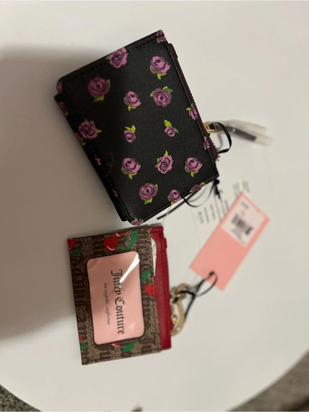 Juicy Couture Black Floral Mini Wallet with Purple Strap and Red Zip Card Case